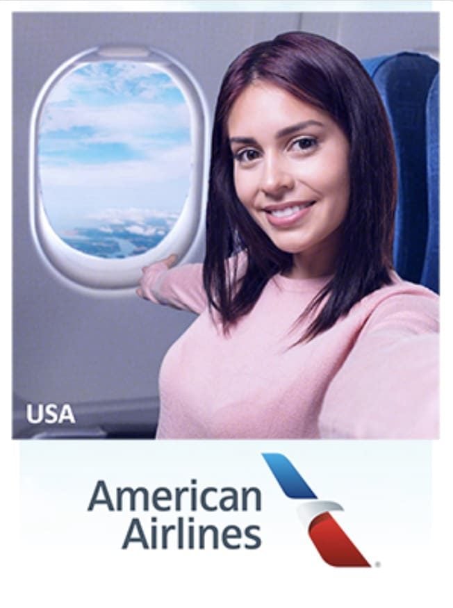 Portrait photo of a lady on a plane for a promotion of American Airlines