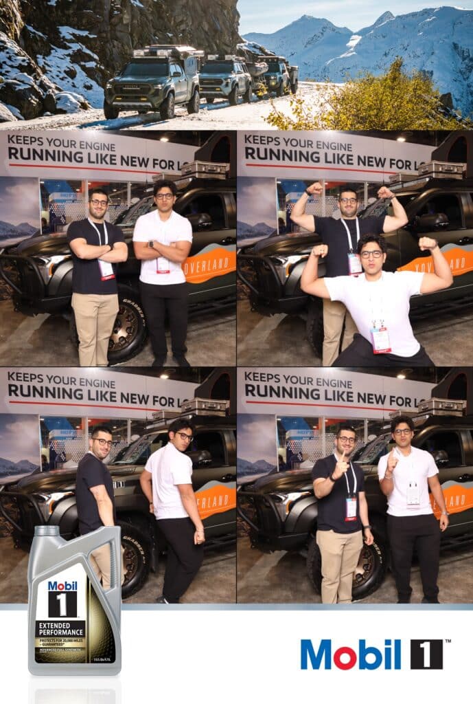 4 photos of two guys posing in front of the Photo Booth at AAPEX 2025